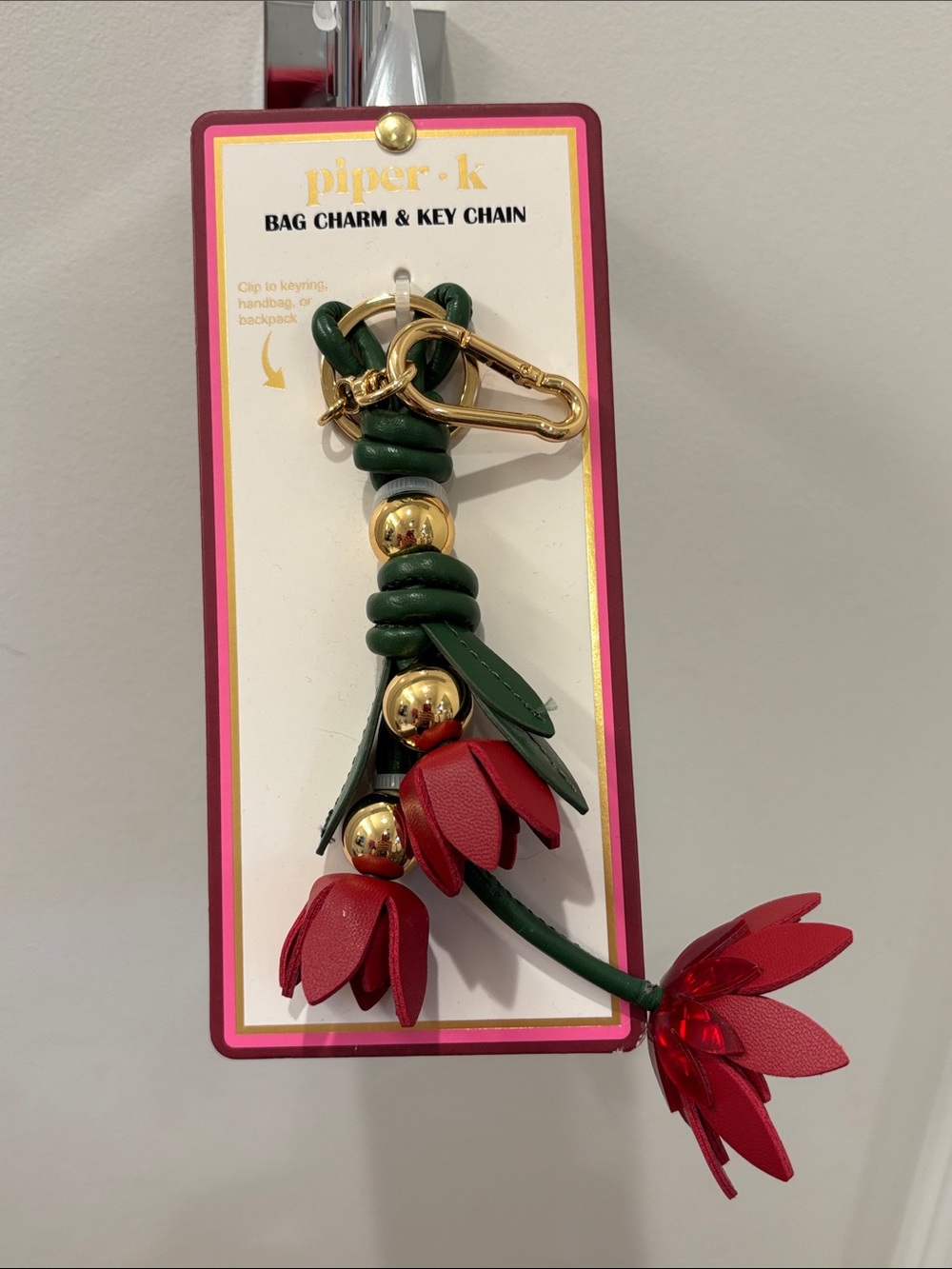 NWT Piper K Floral Faux Leather Key Charm in Red & Green with Gold Hardware
